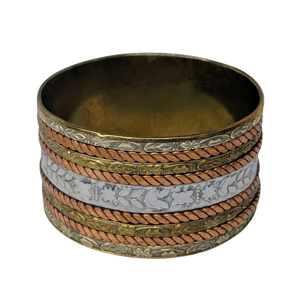 Vintage Wide Chunky Bangle Cuff Bracelet Mixed Metal Tricolor Boho